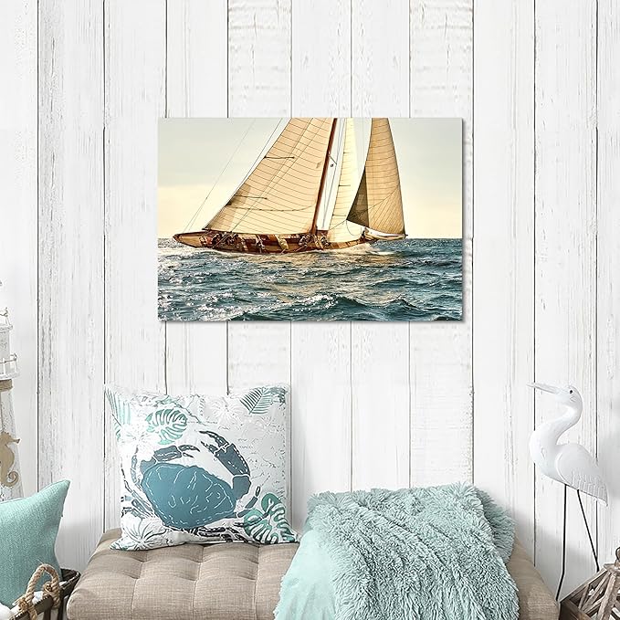 ARTISTIC PATH Nautical Sailboat Canvas Wall Art - Coastal Ocean Artwork Seascape Sailing Prints Wave Boat Picture Sunset Marine Ship Painting for Bedroom