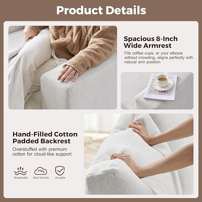 112" L Shaped Sectional Sofa with Detachable Sofa Cover, Reversible Sectional Modular Couch for Living Room, Linen Fabric Corner Couch with 7 Seats, Ivory