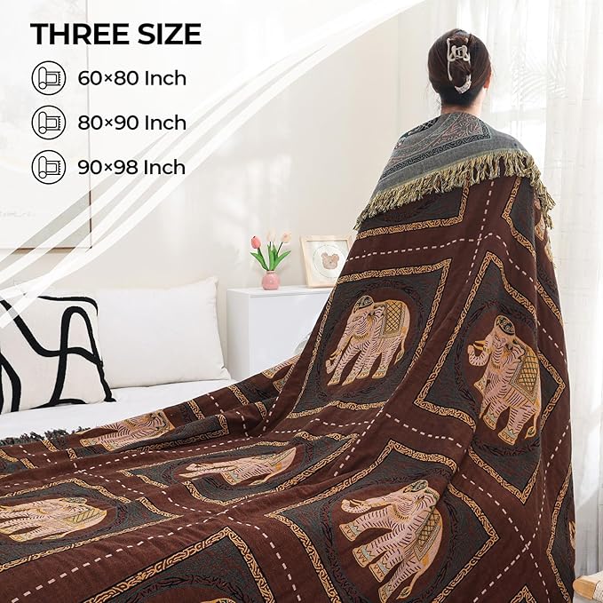 Boho Throw Blanket for Bed with Tassels,100% Cotton Ultra Soft and Cozy Large Blanket Elephant Printed Farmhouse Decor Bed Blankets,60"×80" All Season Rustic Throw for Sofa Couch Chair-Brown