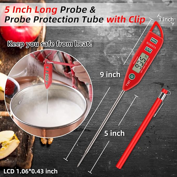 BOMATA Waterproof IPX7 Thermometer for Water, Liquid, Candle and Cooking. Instant Read Food Thermometer with Long Probe for Cooking, Meat, BBQ! T101 (Red Color)…
