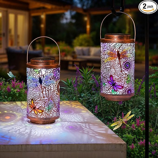 2Pack Solar Outdoor Lanterns Waterproof Multicolor Dragonfly Garden Gifts for Mom Women Backyard Lights Lanterns for Indoor,Outdoor, Porch, Outside,Mothers Day Gifts for Grandma Wife