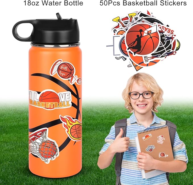 Basketball Gifts for 8-12 Boys Girls,Basketball Water Bottles and 50PCS Stickers Dirp Stuff for Player Kid(18OZ)