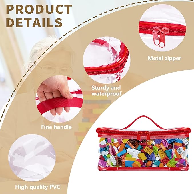 6 Packs Clear Toy Storage Bags- 9.4 x 6.7 x 4.3 Inch Transparent PVC Toy Organizing Bags with Zipper- Waterproof Toy Storage Organizer Pouch for Building Blocks, Small Toys (Red, Blue, Yellow)
