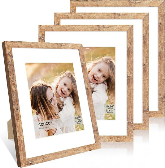 11x14 Picture Frame Set of 4, 11 x 14 Wood Photo Frames with Mat for 8x10, Natural Wooden Frame with Real Glass Cover for Wall and Tabletop Display,Brown