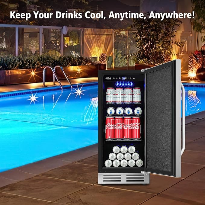 15 Inch Outdoor Beverage Refrigerator Cooler,Stainless Steel 127 Cans Beverage Fridge with French Door Under Counter Built-in or Freestanding, Perfect for Beer, Cola