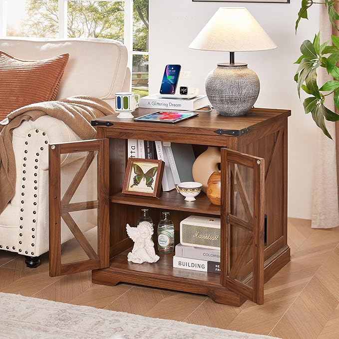 24" End Table Set of 2 with Charging Station, Farmhouse Night Stand with Glass Barn Door, Nightstands with Adjustable Storage Shelf, Large Wood Square Bed Side Table for Living Room,Bedroom