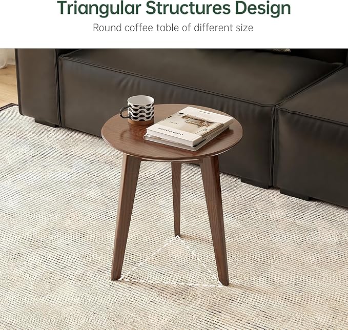 100% Solid Oak Round Side Table, Small Bedside Table for Small Spaces, Living Room End Table with Stable Frame, Modern Nightstand for Bedroom Couch, (Walnut, 17.71" D x 19.68" H)