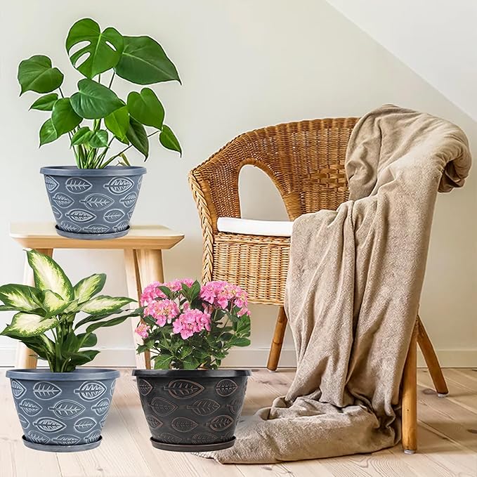 3 Pack Flower Pots Outdoor 11 Inch Plant Pots Indoor, Large-Plastic-Plant-Flower-Planters-Pots with Drainage Hole & Tray, Modern Decorative Garden Pot with Saucer(Brown)