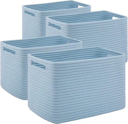 4 Pack Storage Baskets for Organizing Toys, Towels, and Clothes, Woven Basket for Shelves, Sturdy Nursery Cube Bins for Storage, 13''L x9''W x7.8''H, Blue