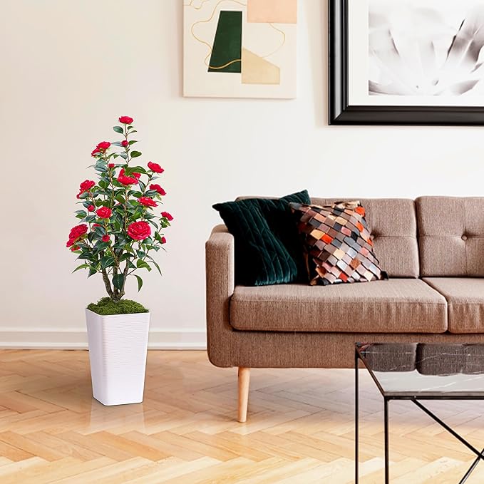 Artificial Camellia Tree 4FT Faux Trees Indoor Fake Floral Plant Blooming Tree with Red Flowers & White Tall Planter, Faux Camellia Plants for Porch Home Room Bedroom Office Front Door Outdoor Decor