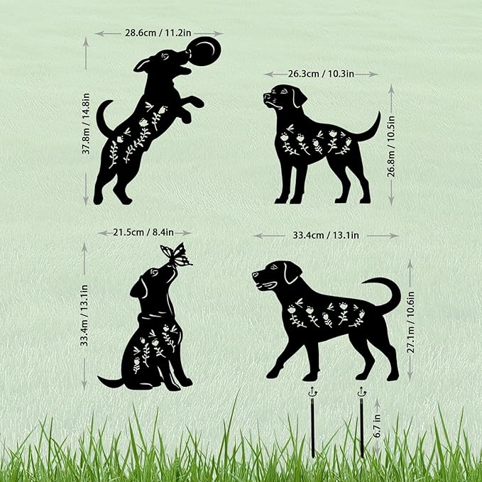 4 Pack Dog Metal Garden Decorative Stakes, Weather Proof Puppy Silhouette Statues for Yard, Patio,Outdoor Decor for Dog Lovers and Pet Owners