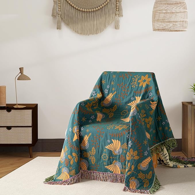 Boho Throw Blanket Full Size, Extra Large Soft Cozy Cotton Muslin Quilt Blanket for Bed Decor, Bird Patterned Couch Sofa Chair Cover, Vintage Farmhouse Cottage Woven Blanket, Green&Beige