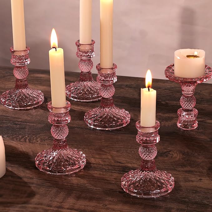 12Pcs Pink Candlestick Holders Set- 4" H Taper Candle Holders Bulk, Glass Candle Holders for Wedding, Party, Romantic Dinner Table Centerpieces, Festival Gifts & Windowsill Decor