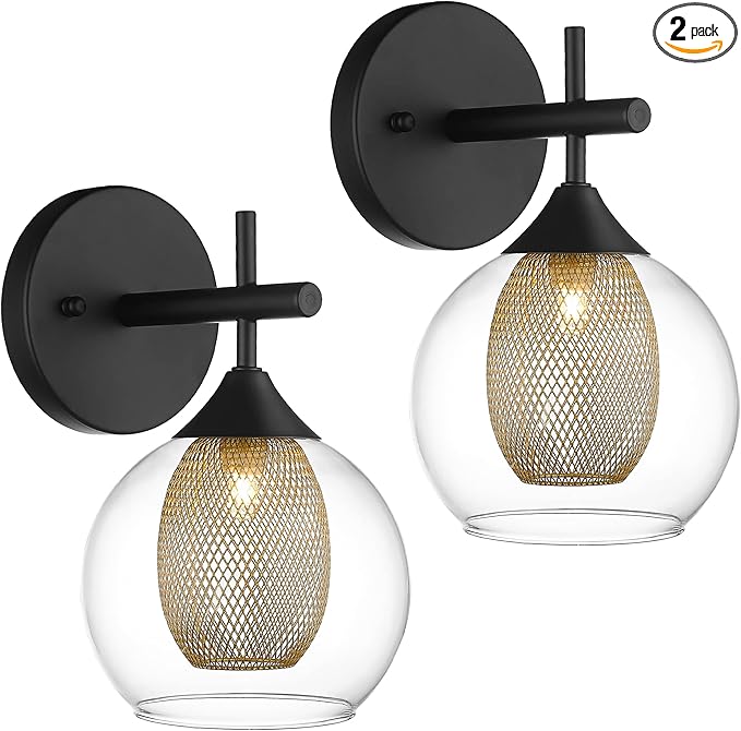 Black Wall Sconce Set of 2, Bathroom Vanity Light Fixture with Clear Glass and Honeycomb Metal Shade, Sconces Wall Lighting for Mirror Bedroom Hallway, AD-22001-1W2-BK