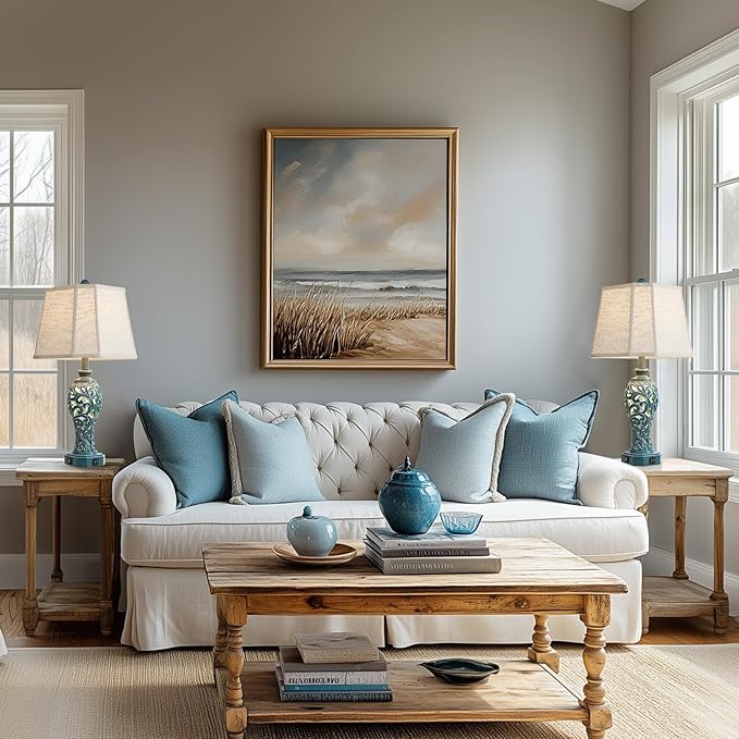 25'' Farmhouse Table Lamps Set of 2 for Living Room Bedroom, 2 USB Ports Coastal Vintage Table Lamp with Nightlight, Blue Green Hollow Out Resin Lamp for End Table (Bulbs Included)