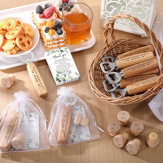 Barydat 36 Sets Wedding Favors for Guests Mr and Mrs Wooden Wine Stopper Cork Beer Bottle Opener with Wedding Thank You Gift Card Organza Bag Wedding Gifts for Engagement Bridal Shower Party Supplies