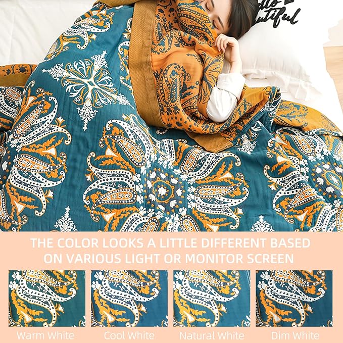 Boho Throw Blanket for Bed - 100% Pure Cotton Ultra Soft Rustic Quilt - Farmhouse Decor Bed Blankets, All Season Rustic Throw for Sofa Couch Chair(91''x 98'', Boho Floral)