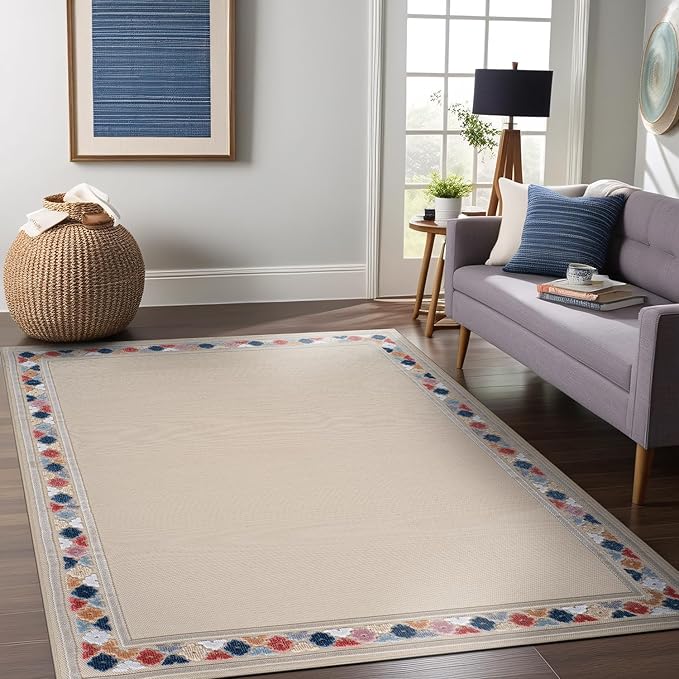 Beverly Rug Outdoor Rug 9x12 Modern Bordered Large Area Rugs for Indoor and Outdoor Patio Easy to Clean Non Shedding Living Room Porch Garden Washable Outside Carpet (9 x 12 Beige)