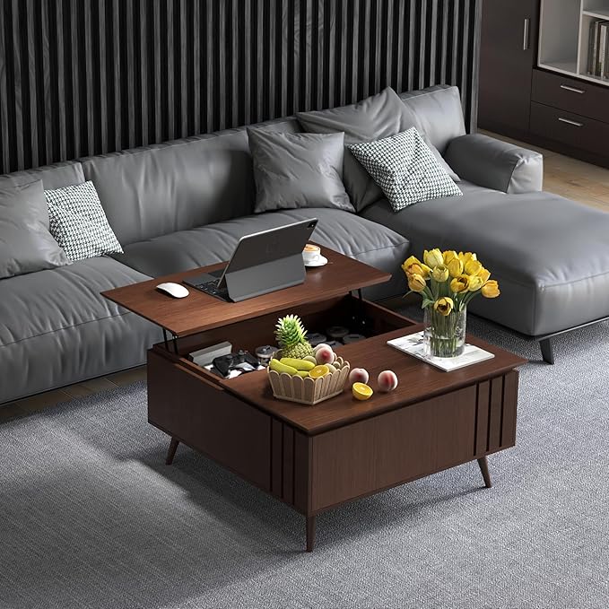 36.2" Lift Top Coffee Table with Storage, Large Square Coffee Tables with Hidden Compartment, Mid Century Modern Center Table for Home Office,Living Room,Dark Walnut
