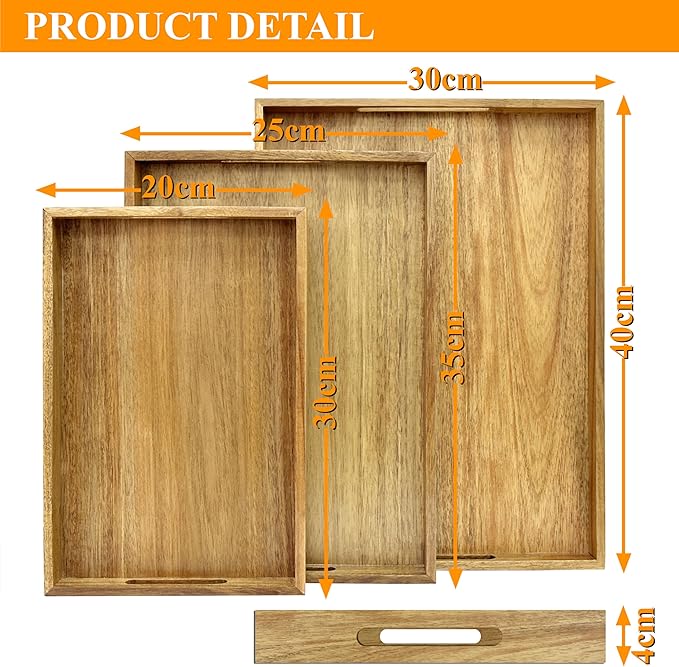 3 Pack Acacia Wood Serving Tray with Handles, Decorative Serving Trays Platter for Breakfast in Bed, Lunch, Dinner, Patio, Ottoman, Coffee Table, BBQ, Party, Great for Lap &Couch (Set of 3)