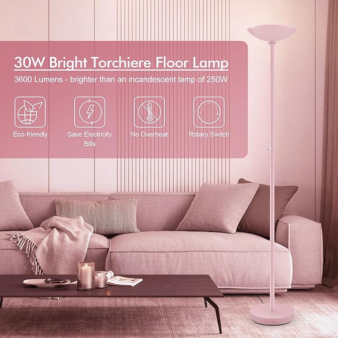 BoostArea Torchiere Floor Lamp Pink, 30W Super Bright LED Standing Lamp, 3000K Stepless Dimmable Pole Lamp with Rotary Switch, 71inch Tall Metal Modern Floor Lamps for Living Room,Bedroom,Home Decor