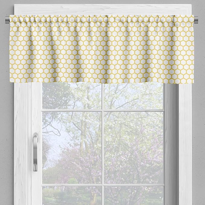 Ambesonne Yellow and White Valance & Tier Curtain 3 pcs Set, Hexagonal Pattern Honeycomb Beehive Simplistic Geometrical Monochrome, Window Treatments for Kitchen Room Decor, 55" x 45", White Yellow