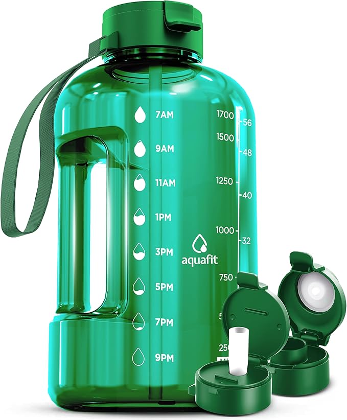 AQUAFIT 64 oz Water Bottle with Time Marker - BPA Free Half Gallon Water Bottle with Straw - Gym Water Bottle with Handle, Gallon Water Jug, Big Water Bottle, Large Water Bottle (Green, 2 Lids)