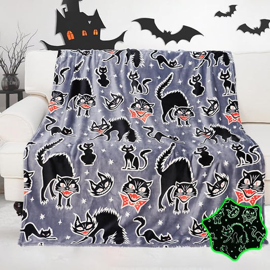 Black Cat Blanket Glow in The Dark Blanket for Adults Cat Lovers Halloween Blanket for Women Kids Halloween Decorations for Room
