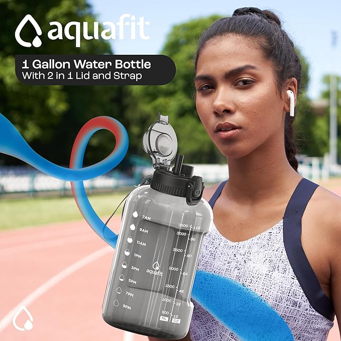 AQUAFIT 1 Gallon Water Bottle with Time Marker - BPA Free 128 oz Water Bottle with Straw, Gym Water Bottle with Handle, 1 Gallon Water Jug, Big Water Bottle, Large Water Bottle (Frosty)