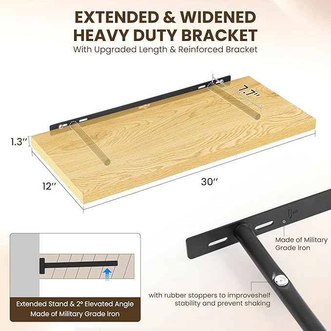 30" Floating Shelves for Wall, 12" Deep Slim Oak Floating Shelves, Wall-Mounted Shelves for Bedroom, Living Room, Kitchen, Bathroom - Set of 2