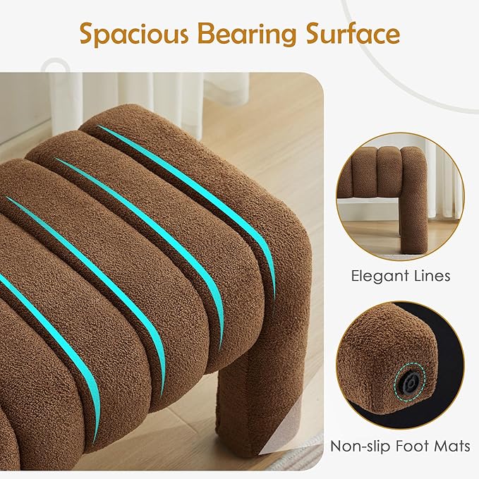 43.3" Bedroom Bench, Upholstered Entryway Bench, Modern End of Bed Ottoman with Solid Wood Legs and Adjustable Foot Pegs for Entryway, Dining Room and Living Room (Brown Boucle)