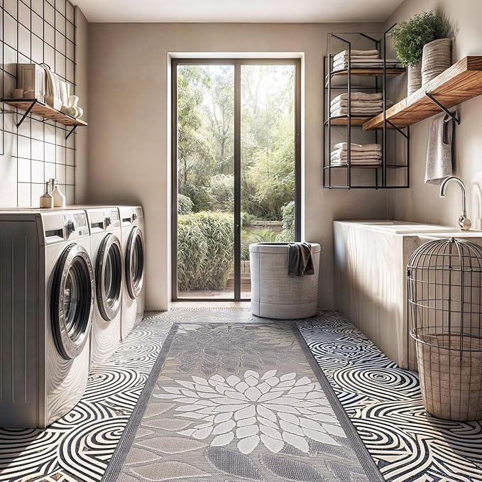 Beverly Rug Outdoor Runner Rug 2x7 Modern Floral Tropical Area Rugs for Indoor and Outdoor Patio Easy to Clean Non Shedding Living Room Porch Garden Washable Outside Carpet (2 x 7 Gray)