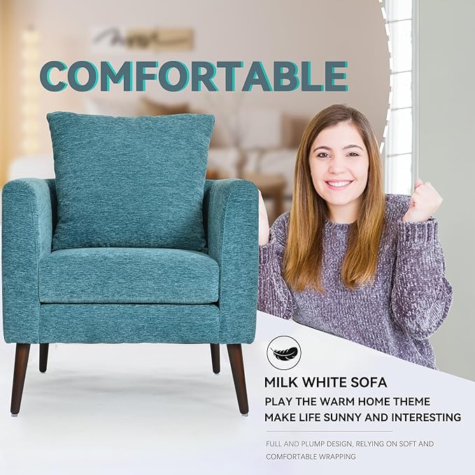 Barrel Accent Chair with Back Pillow, Large Upholstered Armchair with Solid Wood Legs Modern Reading Chairs for Living Room Bedroom