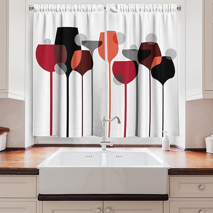 Ambesonne Wine Long Kitchen Curtains, Abstract Wine Glasses Silhouettes with Dots Alcohol Drink Modern, Two Panels Drapes with Rod Pocket Room Decor, 55" x 45", Black Grey