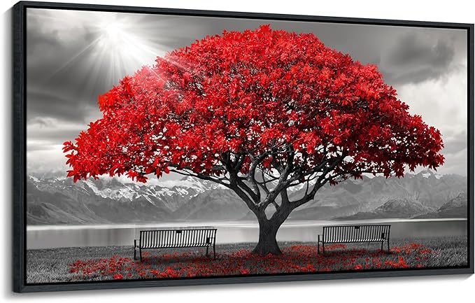 AJAZIKO Red Wall Art - Modern Framed Wall Art for Living Room - Red Tree Black and White Landscape Canvas Prints Posters & Prints for Home Office Bedroom Decorations - Large Wall Pictures 20×40IN