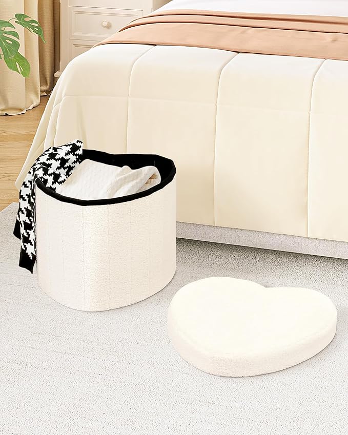 B FSOBEIIALEO Storage Ottoman Cube, Heart Shaped Ottomans with Storage Foot Stool Footrest for Lving Room, Boucle Ottoman Seat for Dorm Room,Faux Teddy Fur, Cream White 15"x15"x15"