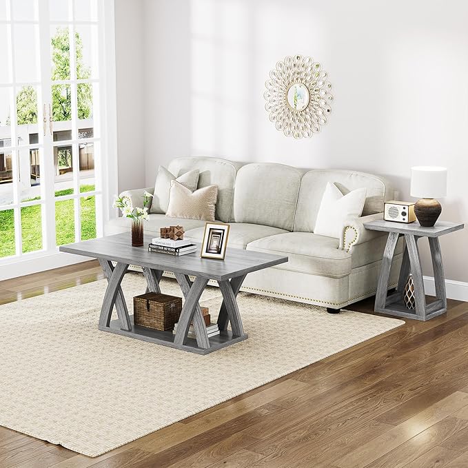 47” Wood Coffee Tables for Living Room Rustic Stands with Storage Shelf Grey Coffee Tables for Living Room Farmhouse Center Stands with Shelf Farmhouse Rectangle Center Table