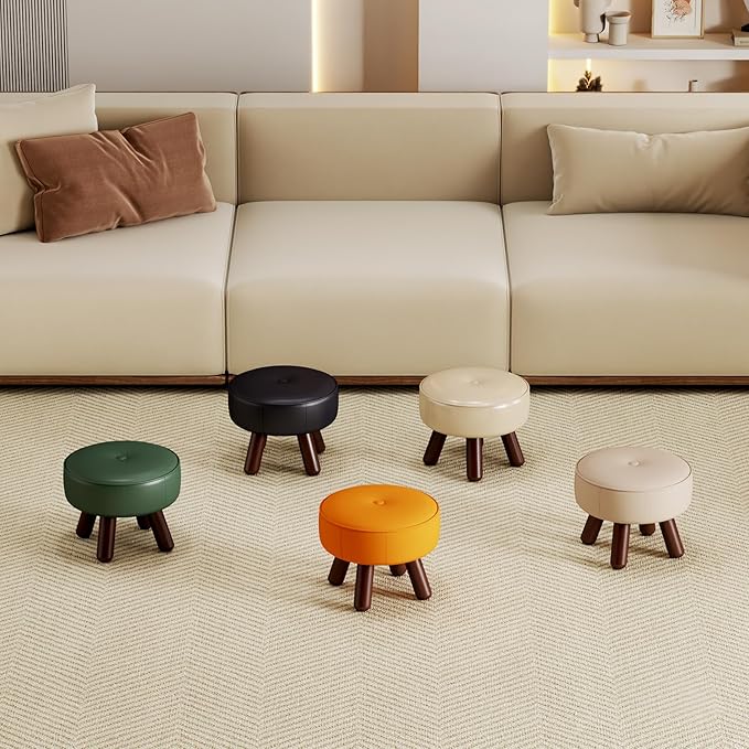 13in Small Foot Stool Ottoman, Round Faux Leather Foot Rest, Footstool Ottomans with Rubber Legs Under Desk, Footrest for Couch, Living Room, Bedroom, Office, 13''L x 13''W x 10.2''H, Black