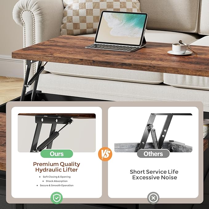 31.5" Lift Top Coffee Table with Storage, Farmhouse Coffee Tables for Living Room, Square Coffee Table with Large Hidden Storage Compartment, 2 Drawers & Removable Shelves, Black