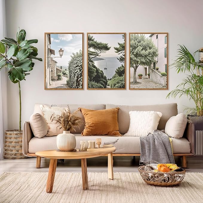 Aurlan Neutral Italy Cityscape Gallery Framed Wall Art(16"x24"), 3PCS Vintage Mediterranean Countryside Landscape Canvas Artwork, Large Town Coast Streets Travel Decor Prints for Office Home