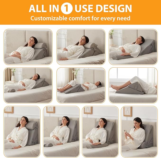 3PCS Orthopedic Bed Wedge Pillow Set for Sleeping, Wedge Pillow for Back Pain Relief, 10-in-1 Adjustable Bed Wedge Pillow Post Surgery, Triangle Pillow for Acid Reflux Snoring Gerd, Grey