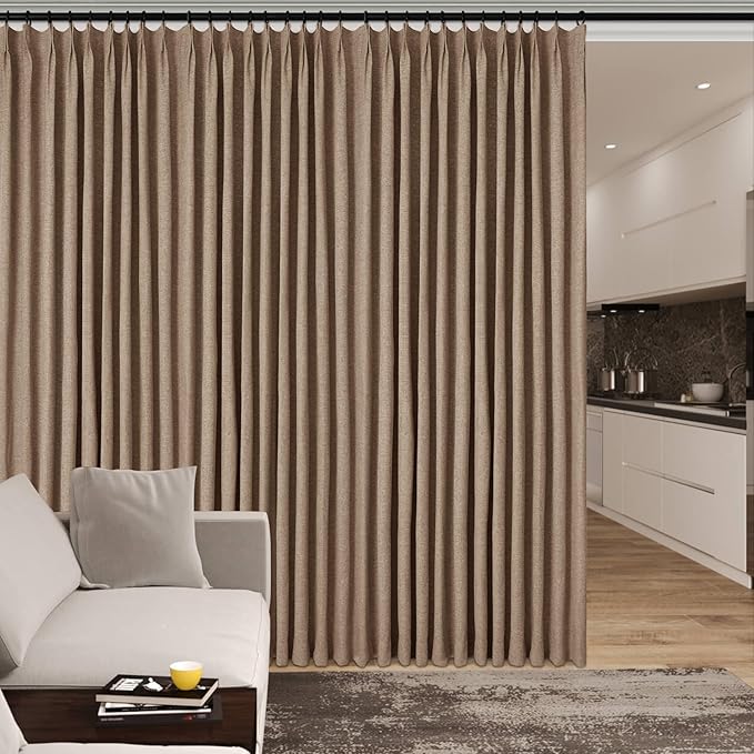150 Inches Extra Wide Room Divider Draperies, Pinch Pleat Drapes, Absolutely Blackout Sliding Door Drapery, Total Privacy Ceiling Track Curtains, 150" W by 84" L, Taupe (1 Panel)