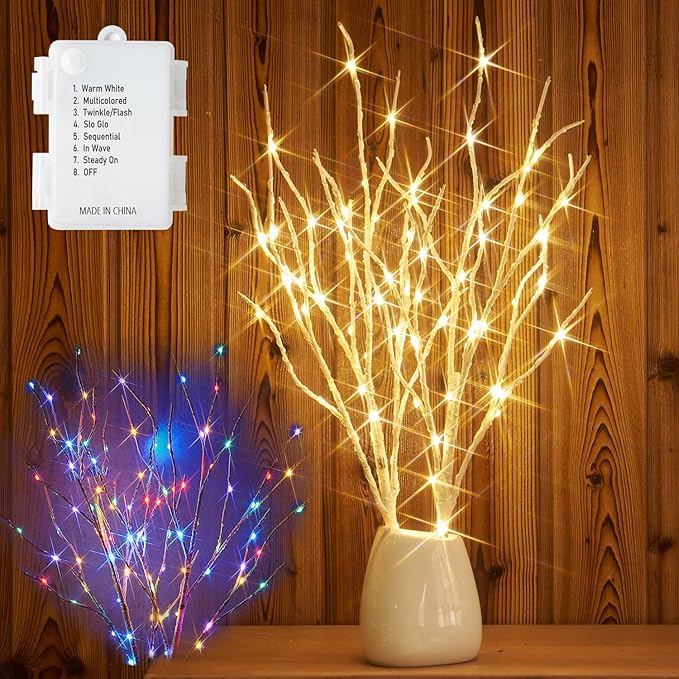 Birchlitland Lighted Birch Branches Battery Operated 18IN 70 LED 8 Function, White or Multiple Colors, Artificial Decorative Branch Lights for Home and Holiday Decoration Indoor Outdoor