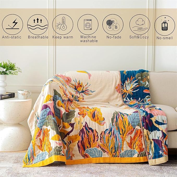 100% Cotton Throw Blanket for Bed Couch Summer 98''x 98'' Super Soft Muslin Blankets Warm Boho Quilt Lightweight Farmhouse Decorative Bed Blankets