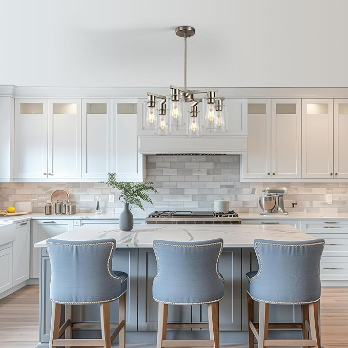 6-Light Farmhouse Brushed Nickel Chandelier,Modern Chandeliers for Dining Room Light Fixture Over Table,Adjustable Hanging Industrial Rustic Pendant Lights Kitchen Island Light with Clear Glass Shade