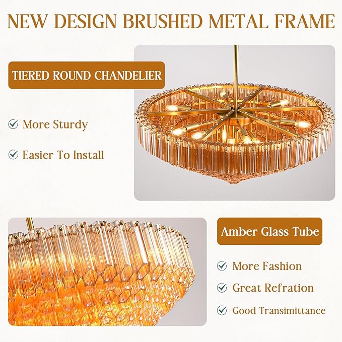 30" Modern Dining Room Chandeliers, 13-Light Amber Crystal Chandeliers, Dimmable Blown Glass Chandelier for Living Room, Round Glod Large Chandelier for High Ceiling, Bedroom, Entryway, Staircase
