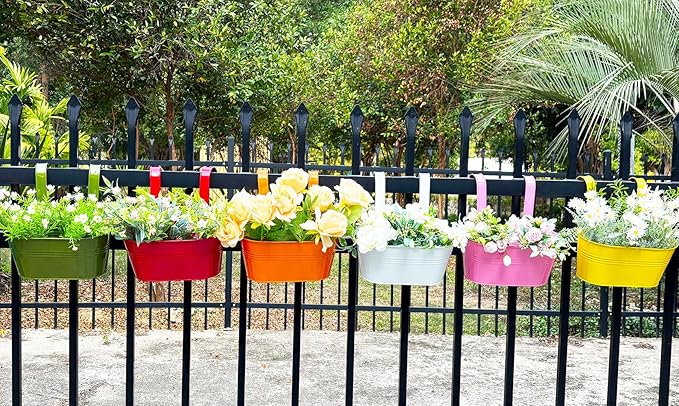 6 Pcs Railing Planter, 10" Metal Hanging Flower Pots for Outdoor Balcony Rails, Fence Pot Hanging Plant Holders with Detachable Hooks for Garden Patio Yard Decor (Multi-Color, 6Pcs)