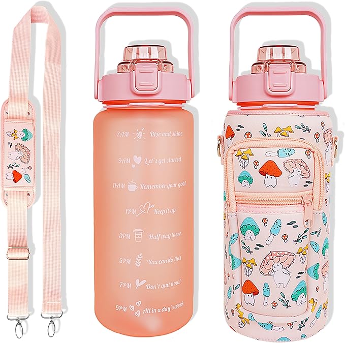 64 oz Water Bottle with Straw Sleeve & Strap Motivational Half Gallon Water Jug with Handle for Gym Women Men Aesthetic Water Bottle with Strap Mushroom Pink