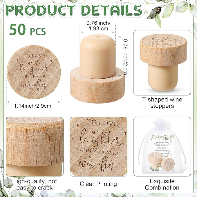 Barydat 50 Sets Wedding Favors for Guests Bulk Engraved Wood Wine Bottle Corks Wine Stopper with Wedding Thank You Cards and Organza Bags Wedding Appreciation Gifts for Guest Thank You Gifts (Novelty)