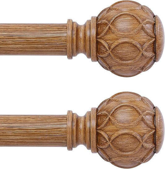 2 Pack Wood Curtain Rods for Windows 66 to 120 Inch,1 Inch Adjustable Curtain Rod Set,Heavy Duty Curtain Rods,Wooden Netted Texture Drapery Rods,Single Window Curtains Rods 66-120",Brown Wood